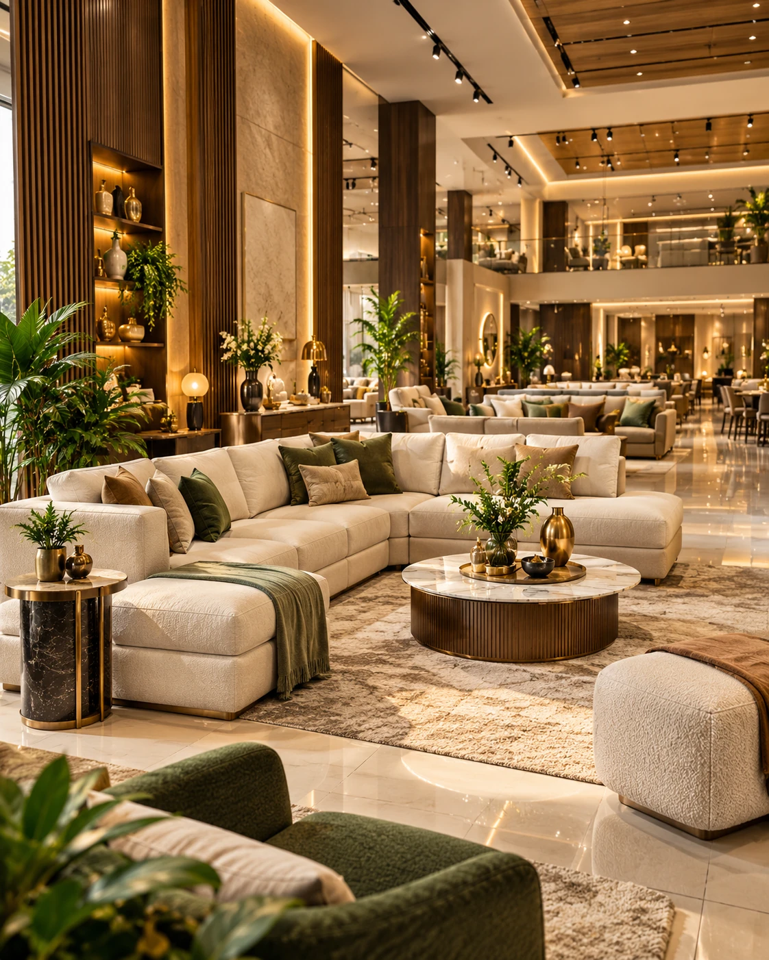 Premium furniture showroom with curated sofas and warm architectural lighting